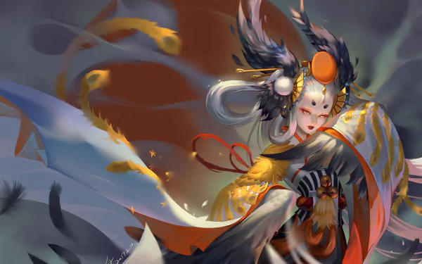 oriental headdress grey eyes long hair white hair Gu Huo Niao Anime Onmyoji HD Desktop Wallpaper | Background Image