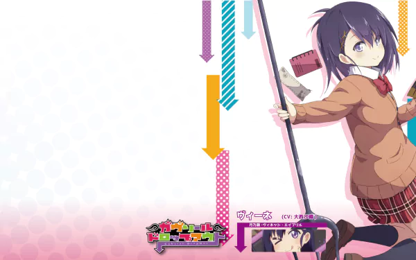 Vignette Tsukinose April from the anime Gabriel DropOut in a dynamic pose with colorful arrows and a gradient pink background, presented as an HD PC desktop wallpaper.