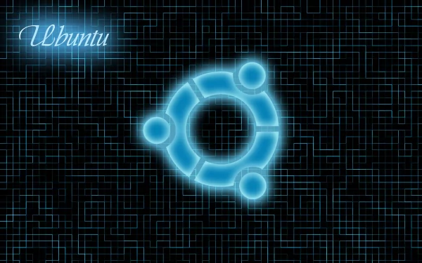A striking HD desktop wallpaper featuring the Ubuntu logo in glowing blue against a dark, tech-inspired background, celebrating the Linux operating system.
