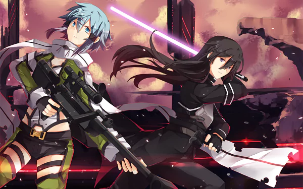HD anime wallpaper featuring Shino Asada with a sniper rifle and Kazuto Kirigaya (Kirito) wielding a glowing sword, from Sword Art Online II.