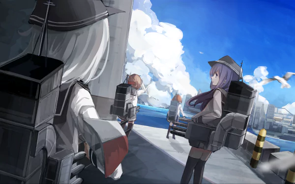 HD anime wallpaper featuring Ikazuchi, Inazuma, Akatsuki, and Hibiki from Kantai Collection standing on a dock under a bright blue sky with clouds and seagulls.