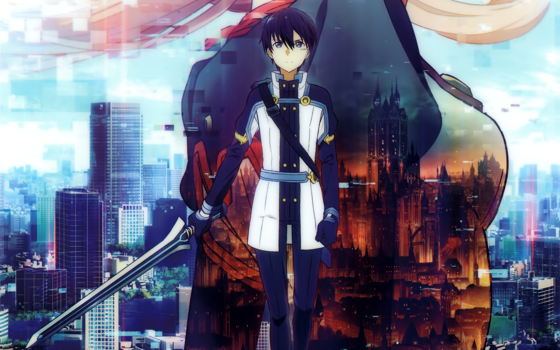 HD PC desktop wallpaper featuring Kirito (Kazuto Kirigaya) from Sword Art Online Ordinal Scale, combining futuristic cityscape and fantasy elements from the anime movie.