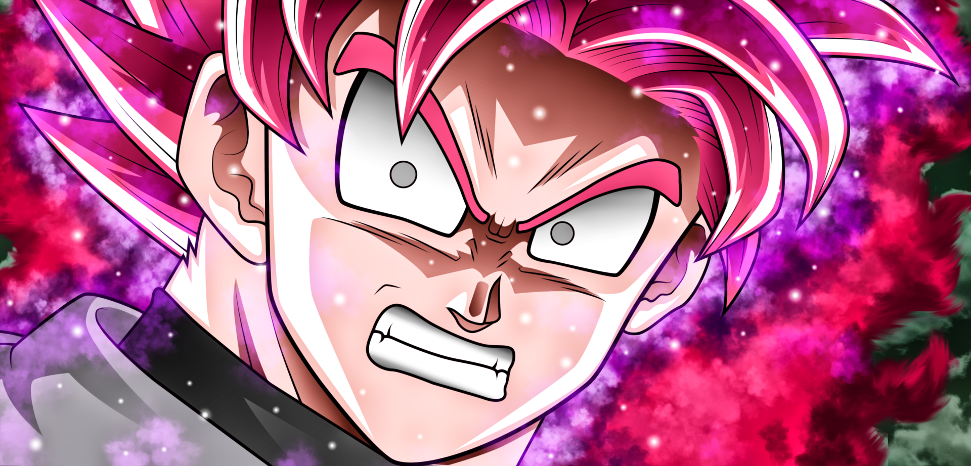 HD desktop wallpaper featuring Super Saiyan Rosé Black Goku from Dragon Ball Super, showcasing his intense expression with vibrant pink hair against a cosmic background.