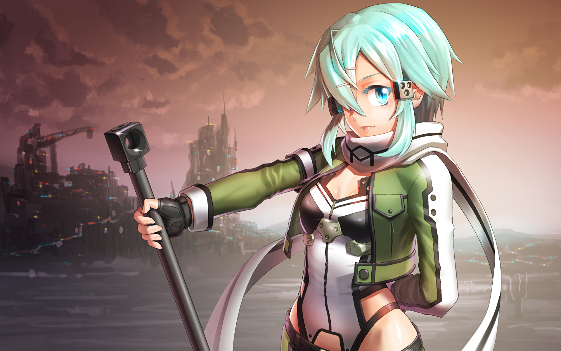 HD PC desktop wallpaper of Shino Asada (Sinon) from Sword Art Online II: anime portrait holding a long rifle by a ruined industrial shoreline at sunset.