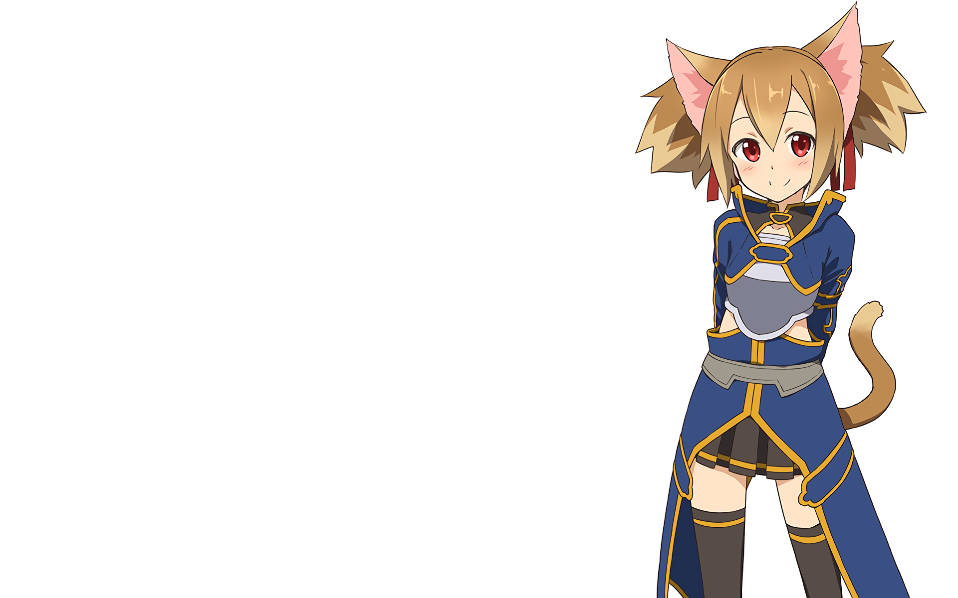 Silica (Keiko Ayano) from Sword Art Online: anime girl with cat ears and tail in blue outfit at right on white HD PC desktop wallpaper background.