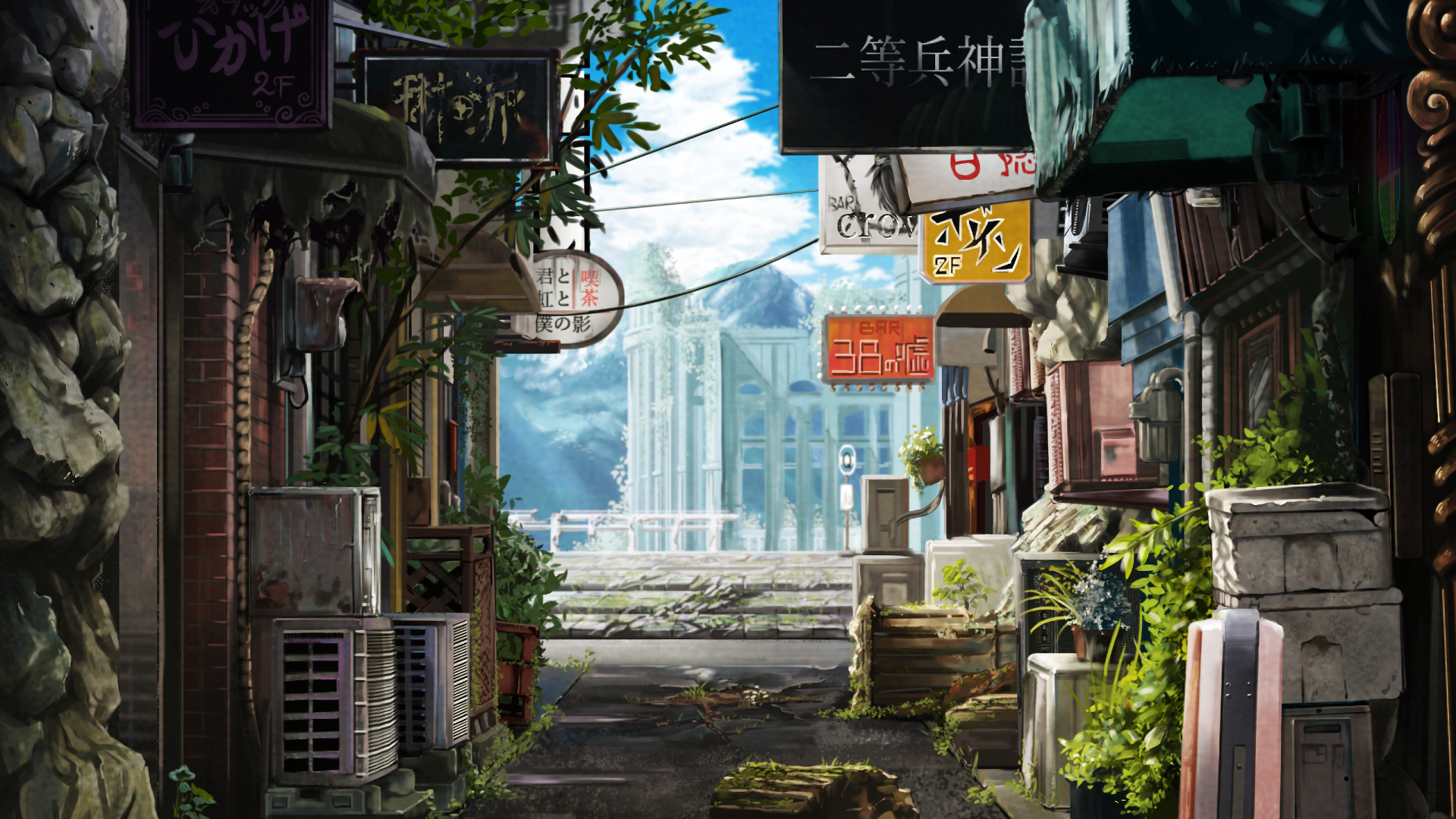 Anime HD desktop wallpaper showcasing a beautifully detailed, original urban alleyway with buildings, signs, and a distant view of grand architecture under a clear sky.