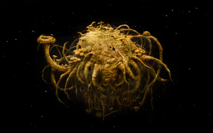 HD desktop wallpaper from Samorost 3 featuring an intricate golden creature floating against a star-speckled dark background.