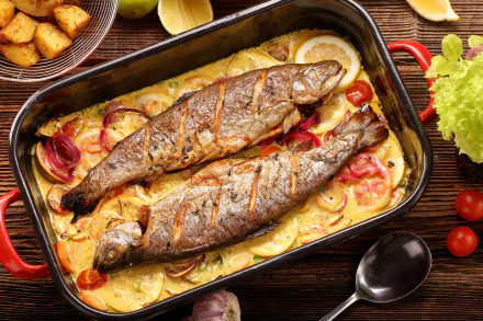 Grilled whole fish baked with lemon slices and vegetables in a roasting pan, captured in vibrant 8K Ultra HD, showcasing a delicious seafood meal.