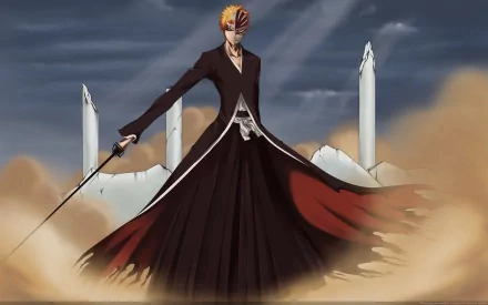 HD desktop wallpaper featuring Ichigo Kurosaki from the anime Bleach in his Bankai form. Ichigo stands confidently with his sword, surrounded by a dramatic, action-packed background.