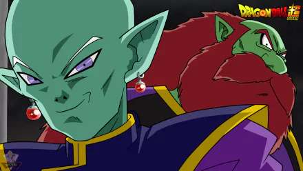 Sidra and Rou from Dragon Ball Super in a 2K Quad HD anime PC desktop wallpaper — Sidra close-up with a stern gaze, Rou as a red-furred giant ape looming behind.