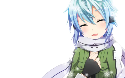 Image of Shino Asada, also known as Sinon from Sword Art Online II, featuring her smiling warmly against a light background. This HD wallpaper showcases her cheerful personality.