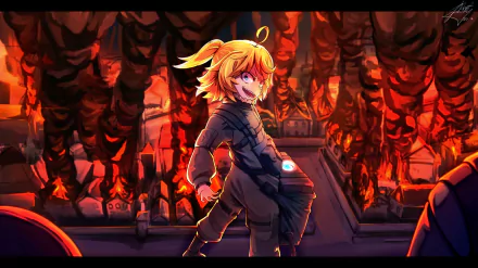 HD PC desktop wallpaper/background of Tanya Degurechaff (anime) from The Saga of Tanya the Evil — grinning in a military coat amid a fiery, war-torn hall.