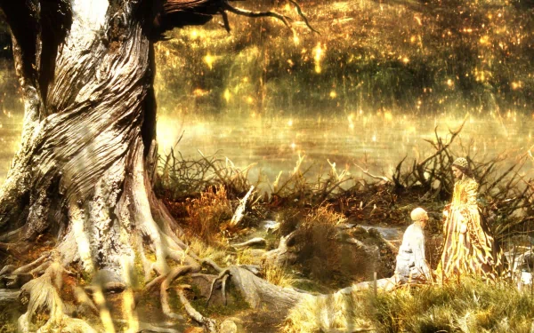 HD PC desktop wallpaper from the movie The Fountain featuring a mystical tree with glowing branches beside a figure in a golden, ethereal landscape.
