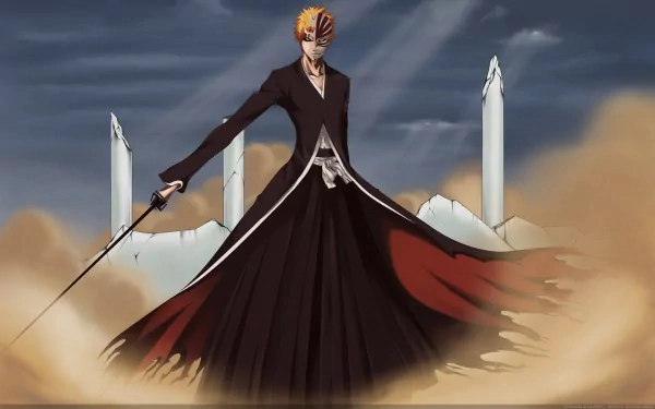 HD desktop wallpaper featuring Ichigo Kurosaki from the anime Bleach in his Bankai form. Ichigo stands confidently with his sword, surrounded by a dramatic, action-packed background.