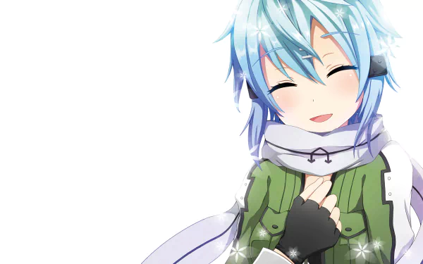 Image of Shino Asada, also known as Sinon from Sword Art Online II, featuring her smiling warmly against a light background. This HD wallpaper showcases her cheerful personality.