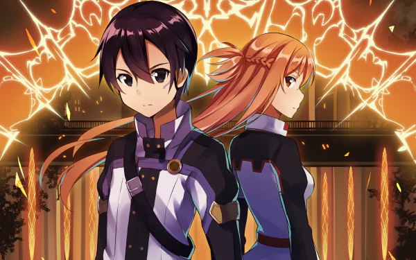 HD desktop wallpaper of Sword Art Online: Ordinal Scale featuring Kirito (Kazuto Kirigaya) and Asuna Yuuki in front of a fiery background.