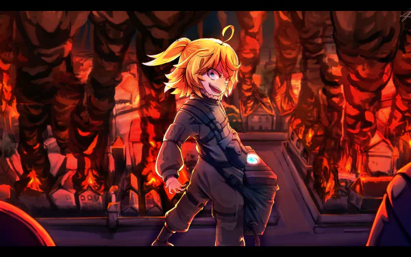 HD PC desktop wallpaper/background of Tanya Degurechaff (anime) from The Saga of Tanya the Evil — grinning in a military coat amid a fiery, war-torn hall.