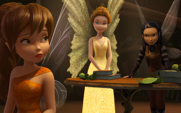 HD PC desktop wallpaper and background from the fairy movie Tinker Bell and the Legend of the NeverBeast: three fairies with glowing wings gathered at a table with books, bathed in golden light.
