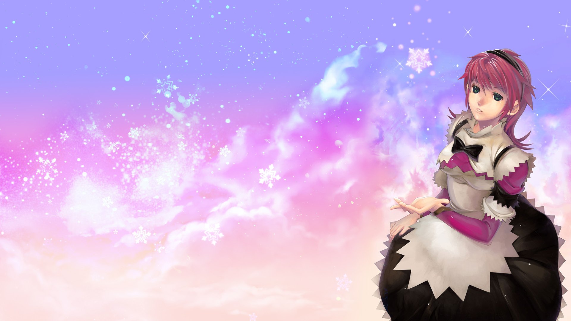 HD PC desktop wallpaper/background: Rosey (Other Age: Second Encounter), video game character in a frilled dress standing against a pastel pink-purple sky sprinkled with stars.