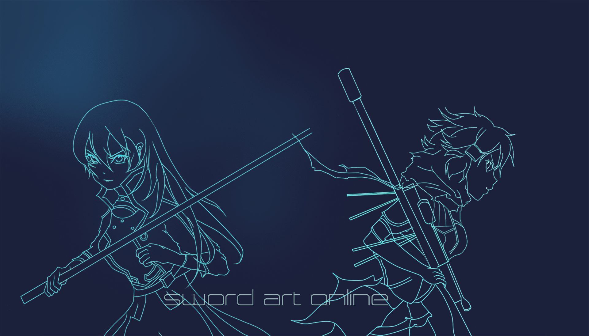 Minimalist blue line art of two Sword Art Online II characters back-to-back wielding swords, set against a dark background in an HD PC desktop wallpaper style.