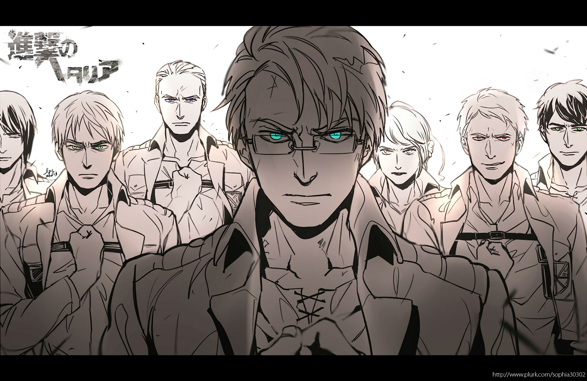 Attack on Titan anime HD PC desktop wallpaper showing Eren Jaeger centered with intense teal eyes, Survey Corps comrades arrayed behind him in a gritty, monochrome sketch-style background.