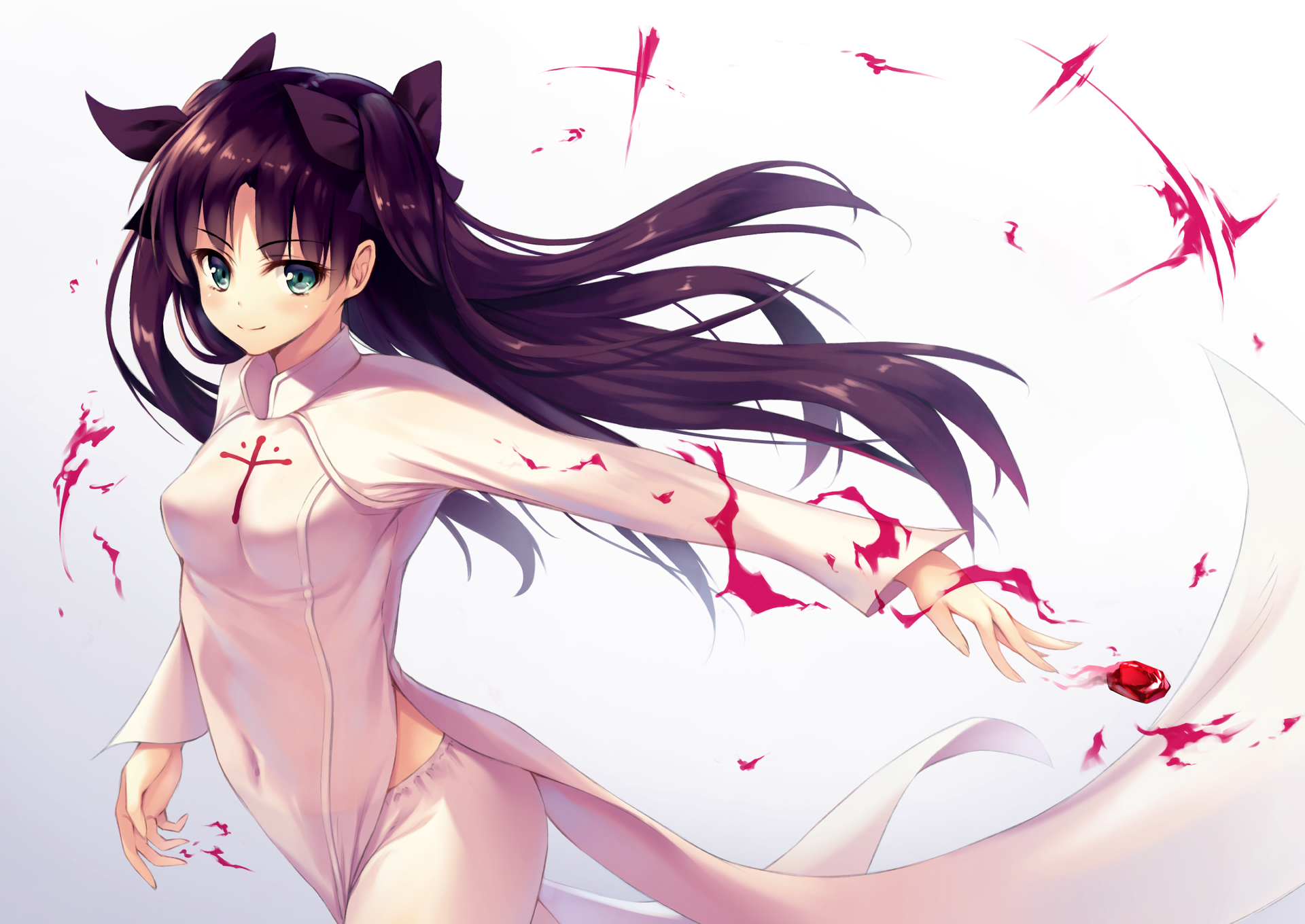 HD desktop wallpaper featuring Rin Tohsaka from the anime Fate/Stay Night in a dynamic pose with long flowing hair and a determined expression.