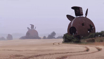 HD PC wallpaper depicting a sci-fi scene with large, weathered machine buildings standing in a vast, open field under a hazy sky.