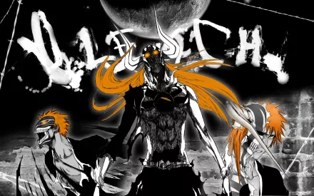 HD desktop wallpaper featuring Ichigo Kurosaki from the anime Bleach in a dynamic, dark-themed setting with striking orange accents.