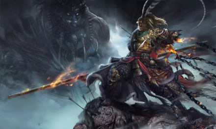 HD wallpaper featuring a fantasy warrior in armor, inspired by Sun Wukong. The warrior stands poised with a fierce expression, holding a glowing staff amidst a dark, stormy background.