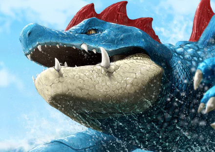 HD anime-style desktop wallpaper featuring a detailed, close-up portrait of Feraligatr, the powerful Water-type Pokémon, against a bright blue sky.
