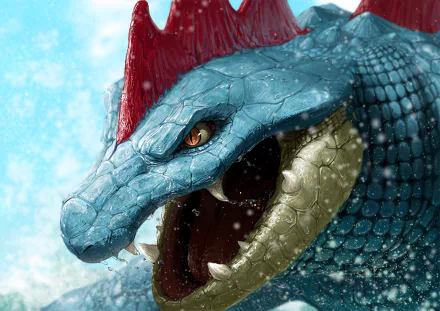 HD desktop wallpaper featuring an intense, close-up anime depiction of Feraligatr from Pokemon, showcasing its fierce expression against a snowy background.