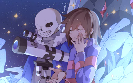 HD desktop wallpaper featuring Sans and Frisk from Undertale. They are in a serene night setting with a telescope, surrounded by glowing stars and plants.