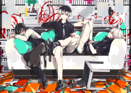 HD desktop wallpaper of Haise Sasaki and Ken Kaneki from Tokyo Ghoul:re, featuring the characters lounging on a sofa in a vibrant, detailed background.