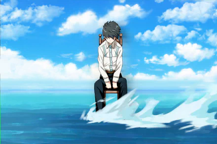 A serene HD background from Tokyo Ghoul, featuring a character sitting on a chair above gentle ocean waves, under a bright blue sky with clouds.