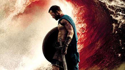 HD PC desktop wallpaper featuring a warrior from the movie 300: Rise of an Empire, standing with shield and sword against a dramatic red and white wave background.