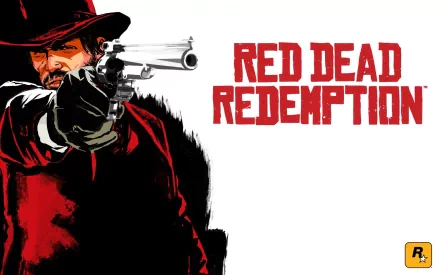 HD desktop wallpaper featuring a cowboy aiming a revolver, inspired by the video game Red Dead Redemption with bold red text and a dark, dramatic background.