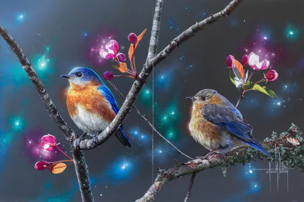 HD desktop wallpaper featuring two vibrant eastern bluebirds perched on blossoming tree branches, surrounded by glowing sparkles against a dark background.