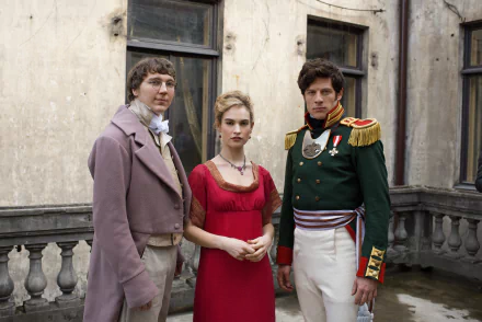 HD PC desktop wallpaper featuring three characters from the TV show War & Peace dressed in period costumes, standing on a weathered stone balcony.