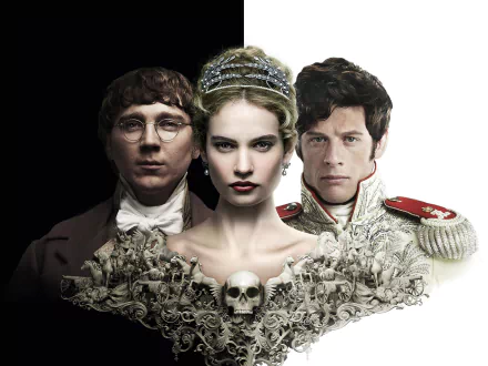 HD PC desktop wallpaper background for the TV show War & Peace: three characters—central crowned woman flanked by two men (civilian and military uniform) above an ornate skull motif.