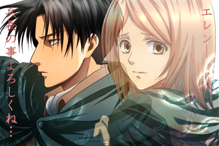 HD anime desktop wallpaper featuring Petra Ral and Levi Ackerman from Attack on Titan, captured in a detailed, expressive style with soft lighting effects.