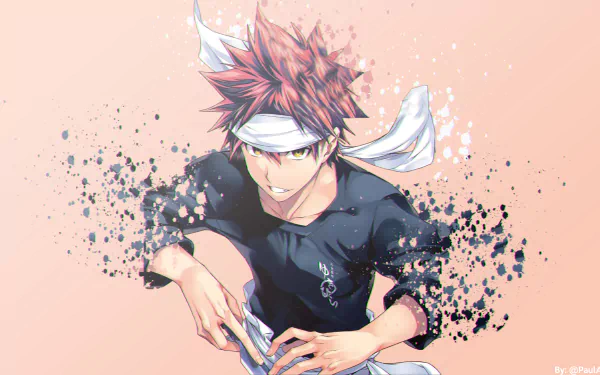 HD desktop wallpaper featuring Sōma Yukihira from the anime Shokugeki No Soma (Food Wars: Shokugeki no Soma). The character is dynamically posed with a confident expression against a pastel background.