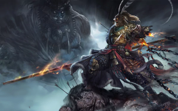 HD wallpaper featuring a fantasy warrior in armor, inspired by Sun Wukong. The warrior stands poised with a fierce expression, holding a glowing staff amidst a dark, stormy background.