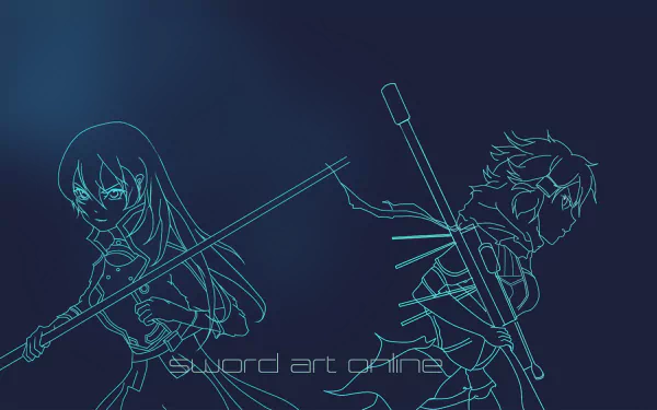 Minimalist blue line art of two Sword Art Online II characters back-to-back wielding swords, set against a dark background in an HD PC desktop wallpaper style.