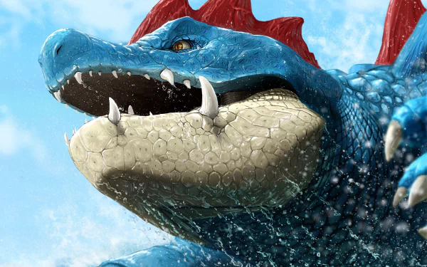 HD anime-style desktop wallpaper featuring a detailed, close-up portrait of Feraligatr, the powerful Water-type Pokémon, against a bright blue sky.
