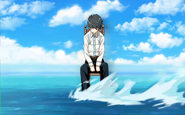 A serene HD background from Tokyo Ghoul, featuring a character sitting on a chair above gentle ocean waves, under a bright blue sky with clouds.