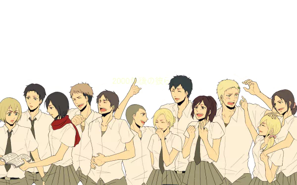 HD Attack on Titan PC wallpaper featuring anime characters Eren Yeager, Mikasa Ackerman, Armin Arlert, Sasha Blouse, Reiner Braun, and others in school uniforms.