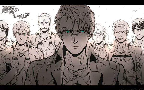 Attack on Titan anime HD PC desktop wallpaper showing Eren Jaeger centered with intense teal eyes, Survey Corps comrades arrayed behind him in a gritty, monochrome sketch-style background.