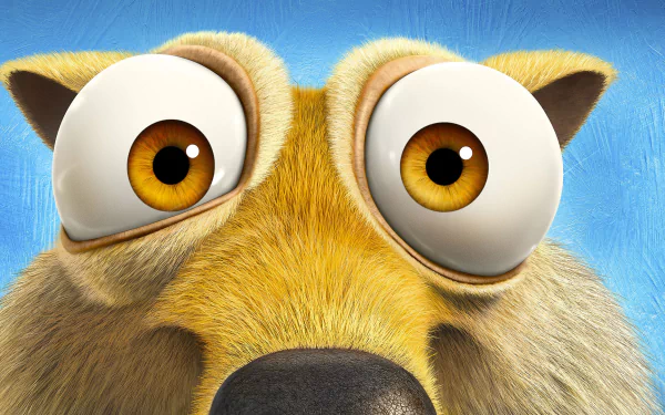 Close-up of Scrat's wide eyes from the movie Ice Age: Collision Course, featured in an HD PC desktop wallpaper and background.