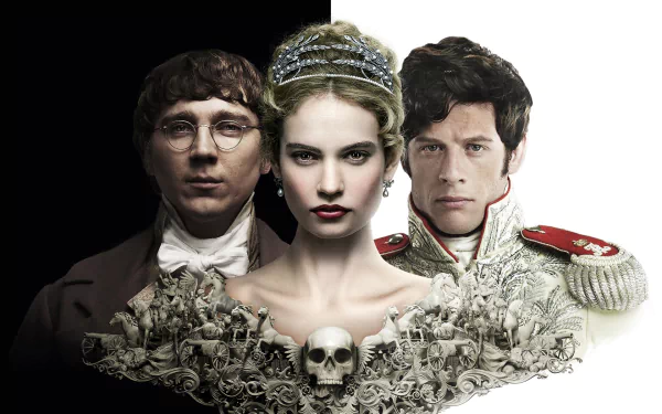 HD PC desktop wallpaper background for the TV show War & Peace: three characters—central crowned woman flanked by two men (civilian and military uniform) above an ornate skull motif.