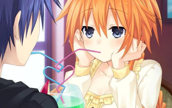 HD desktop wallpaper of Yuzuru Yamai and Shido Itsuka from the anime Date A Live, depicting them sharing a drink with intertwined straws forming a heart shape.